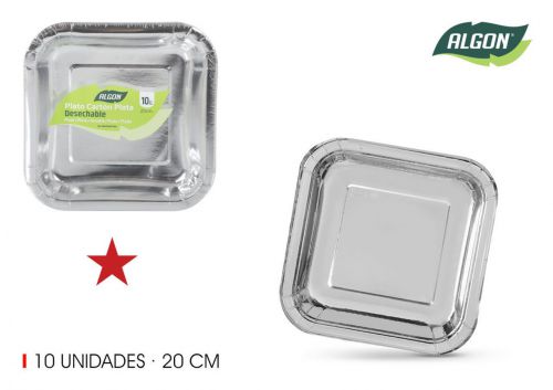 Set10 Prato De Cartao Quadrado Cor Prata 20cm Alg — referência BA01054077004