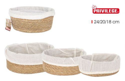 Conjunto 3 Cestos Vime Ovais 24/20/18 Cm C/Tecido