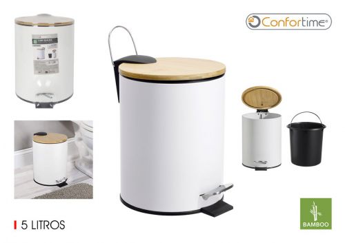 Caixote Do Lixo Metalico Com Pedal E Tampa De Bamb